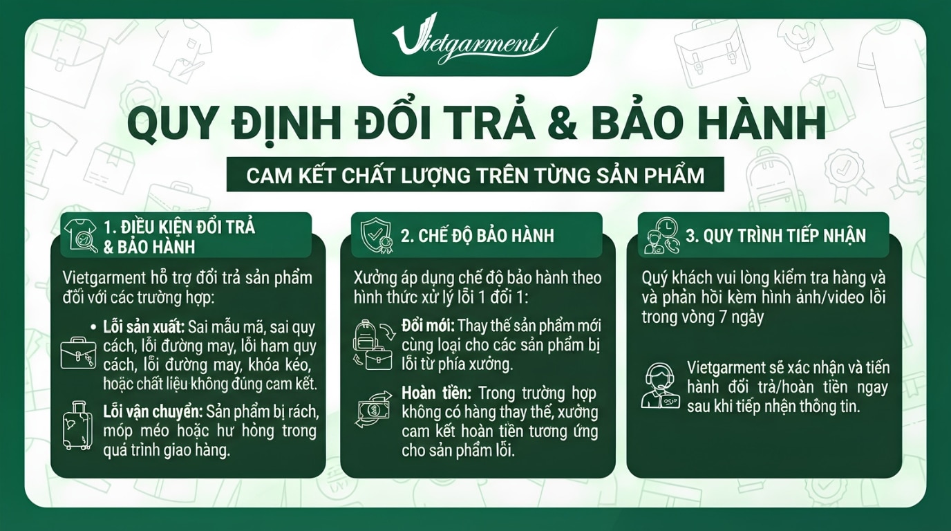 Túi Đeo Chéo Cho Nam Nhỏ Gọn, Dập Chìm Logo Công Ty 12 Quy định đổi trả & bảo hành tại Vietgarment