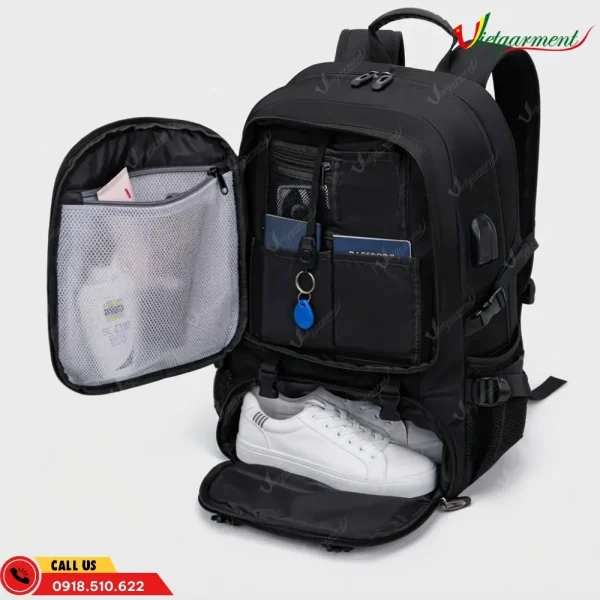 Balo du lịch 50L màu đen có ngăn đựng giày