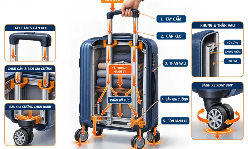 Cấu tạo chi tiết từng phần của vali