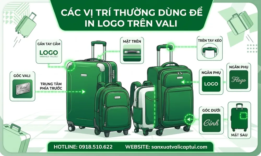 Các vị trí thường dùng in logo lên vali